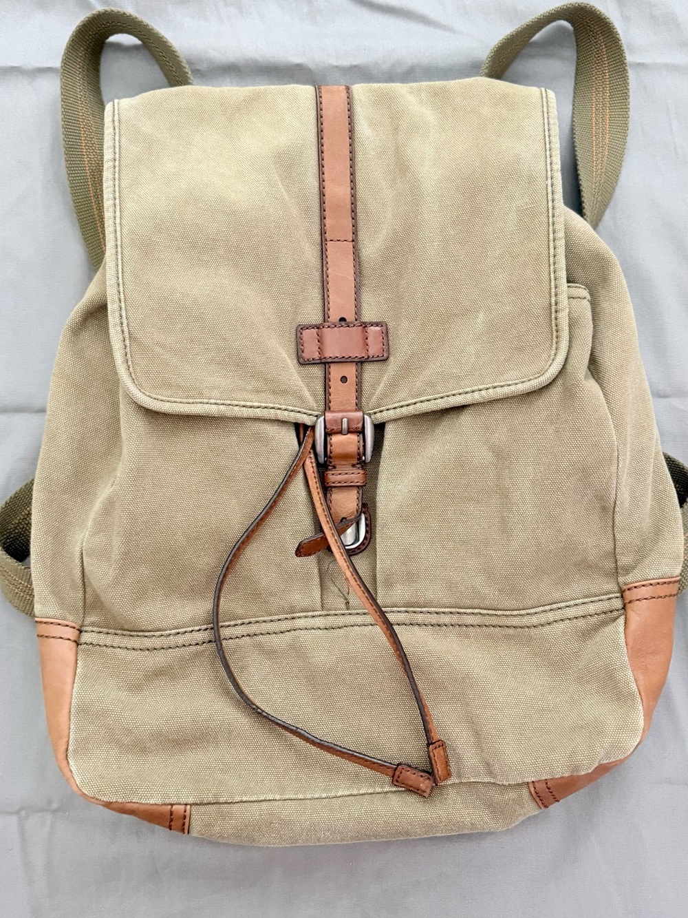 Canvas and Leather Men's Backpack in Khaki with Brown Trim